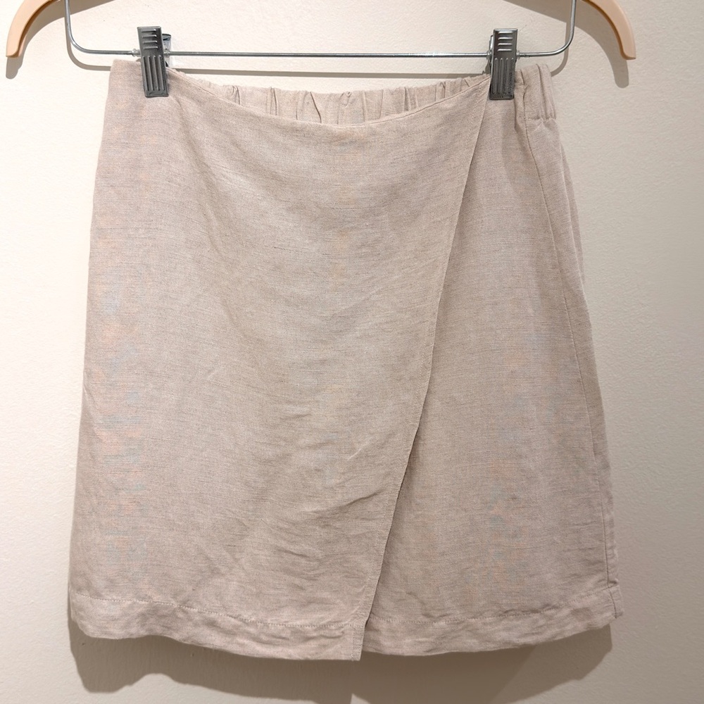Oysho Linen Blend Wrap Front Mini Skirt Beige Natural Size S
